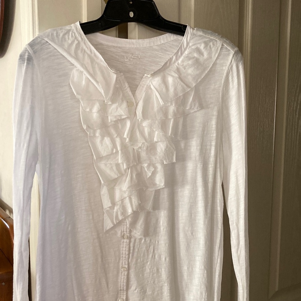 Loft white long sleeve ruffle yoke tee shirt